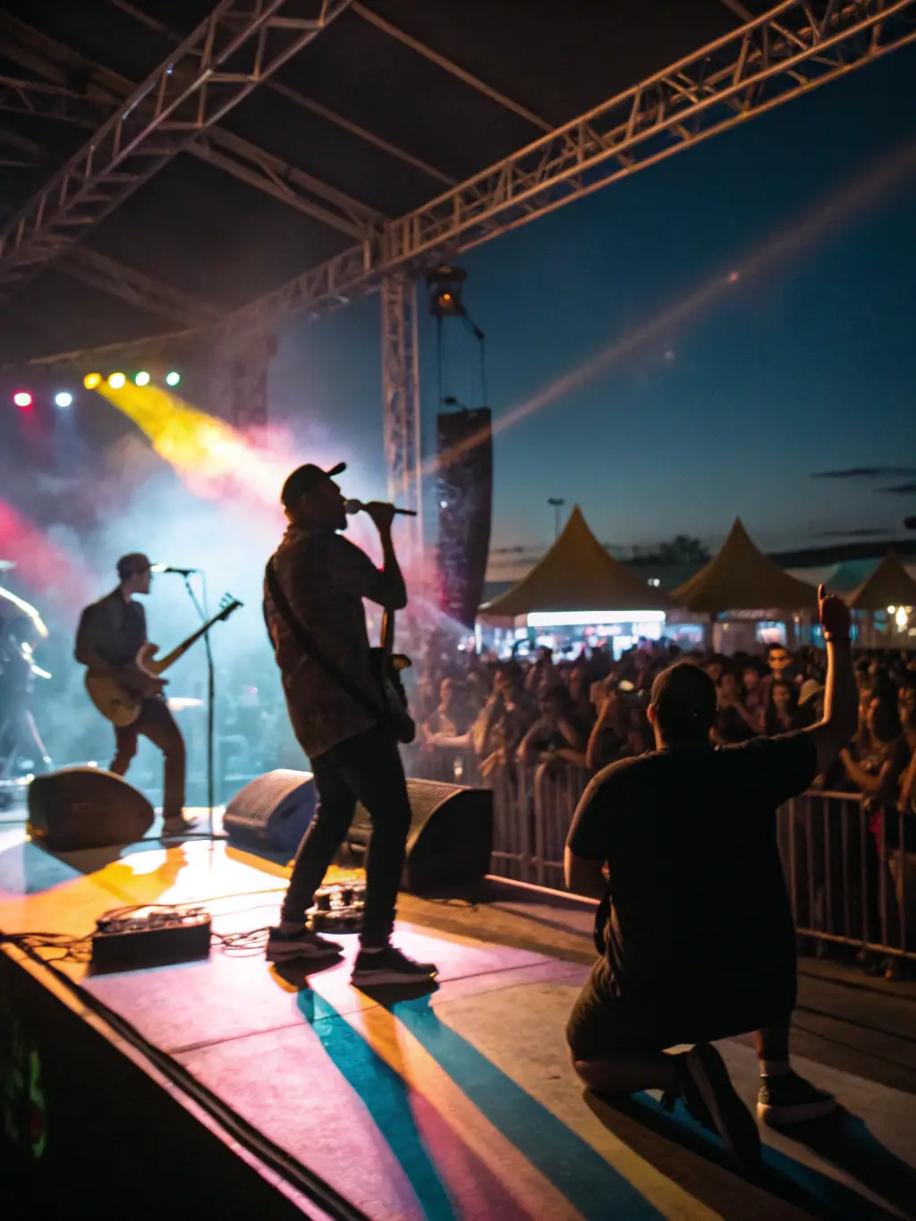 A dynamic image of a live music performance organized by COMITE YAKAMOTO, featuring a contemporary band on stage with an enthusiastic audience, highlighting the organization's support for emerging artists.