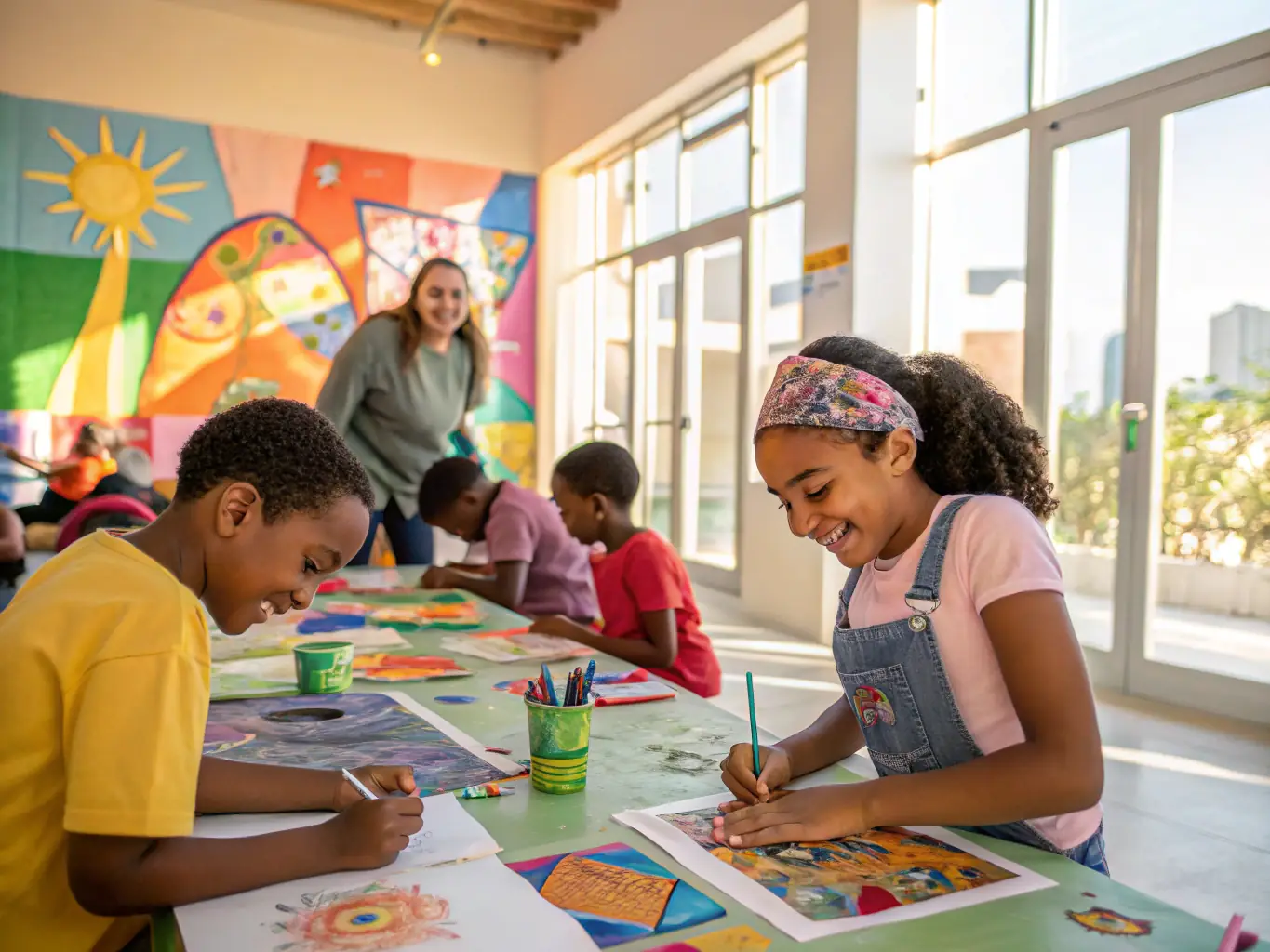 A vibrant image depicting a community art workshop in progress, with participants of diverse ages and backgrounds engaged in painting and crafting.