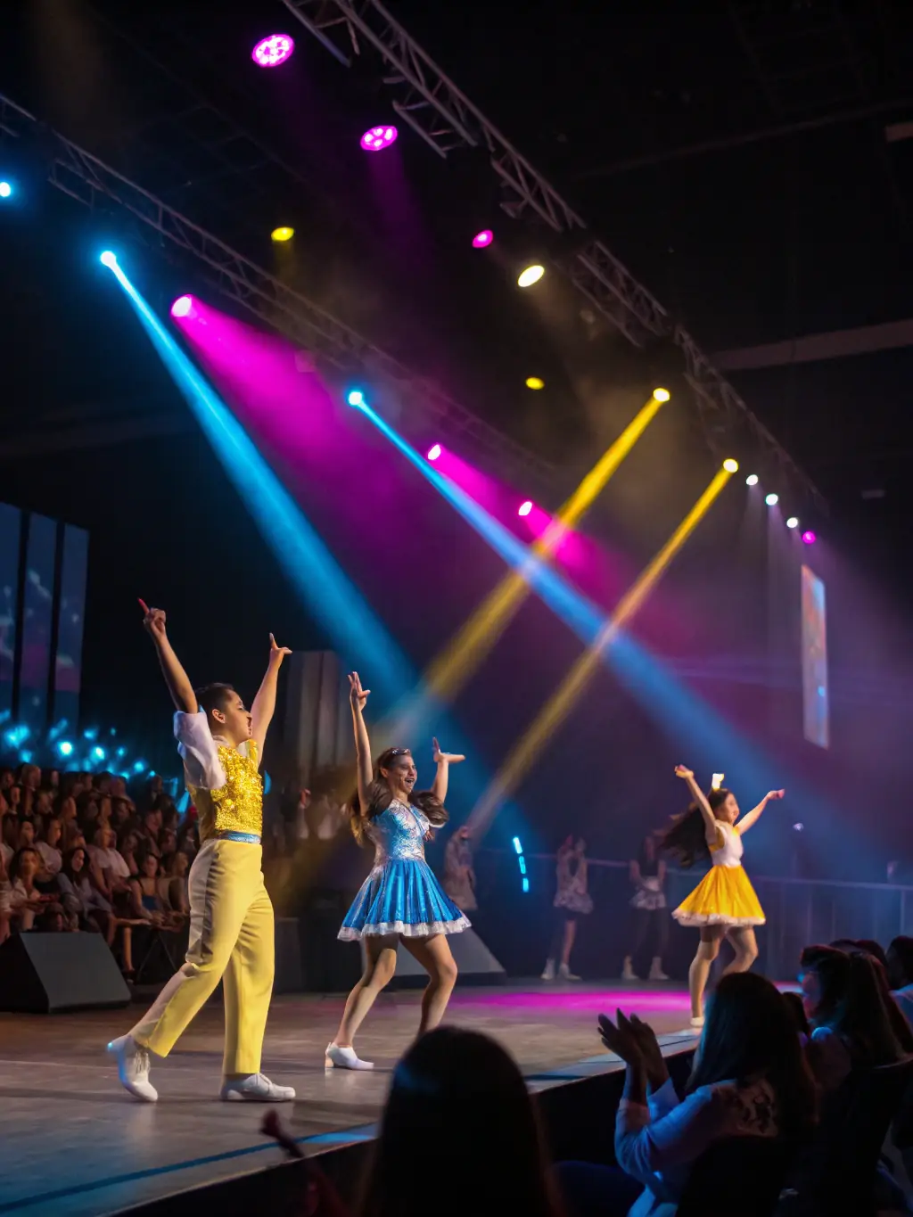 A dynamic image of a COMITE YAKAMOTO-sponsored contemporary dance performance in a public square, featuring dancers in vibrant costumes and a diverse audience, emphasizing the organization's support for performing arts.