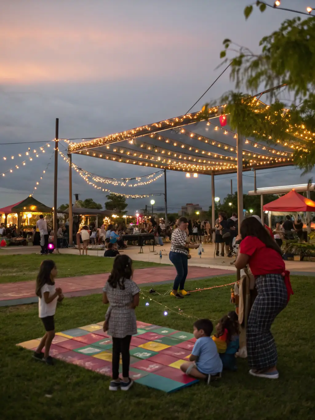 A picture of a COMITE YAKAMOTO-organized outdoor film screening in a park, with families and friends enjoying a movie under the stars, illustrating the organization's efforts to revitalize cultural life through accessible events.