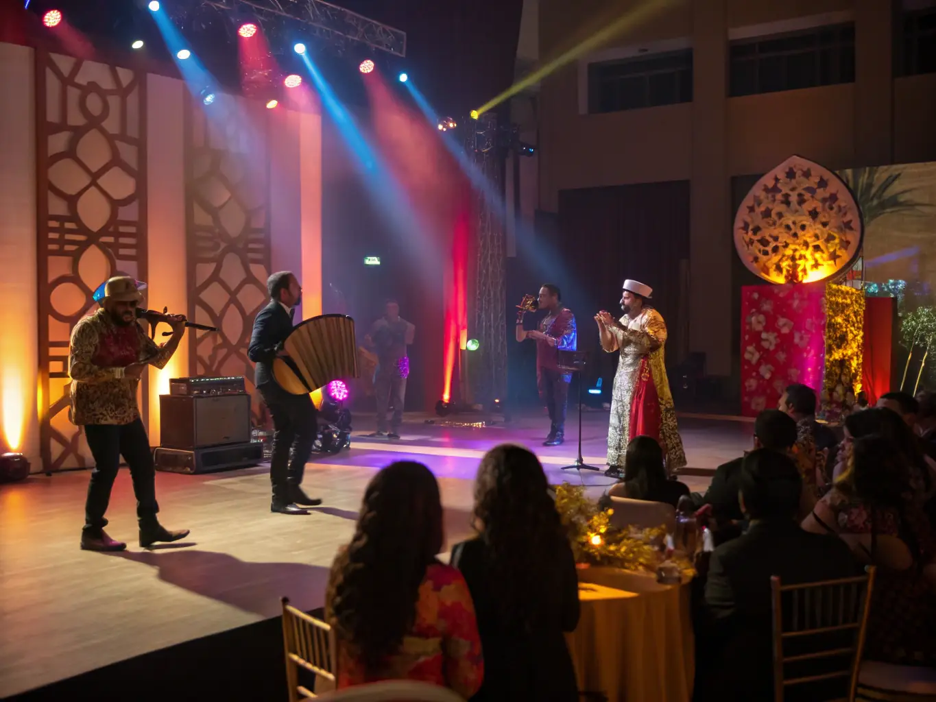 A vibrant photograph capturing a live performance during one of COMITE YAKAMOTO's organized cultural festivals, showcasing musicians and dancers on stage with an enthusiastic audience.