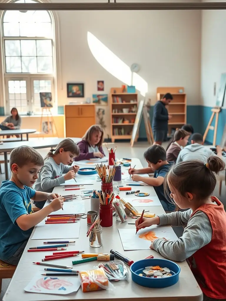 A photograph capturing a COMITE YAKAMOTO-organized art workshop in a community center, with participants of all ages engaged in painting and sculpting, showcasing the organization's commitment to accessible art education.